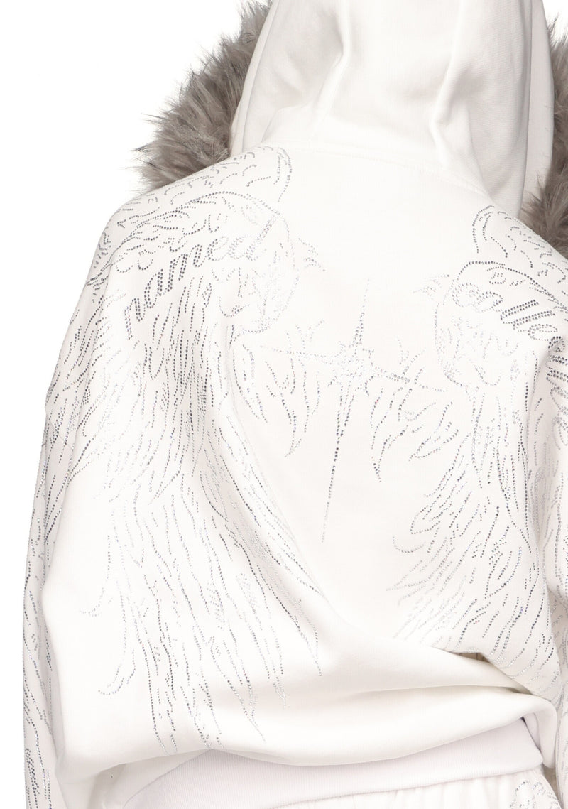FALLEN FAUX FUR RHINESTONE ZIP HOODIE WHITE (DETACHABLE FUR)