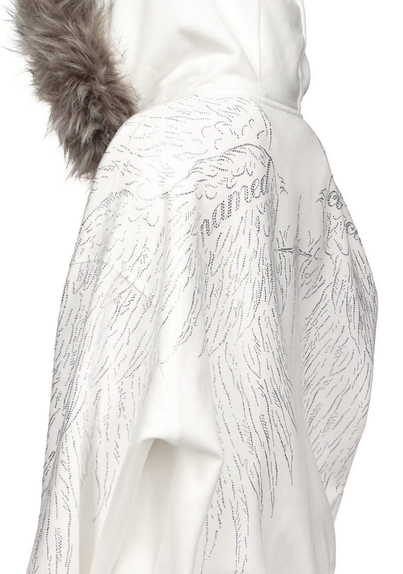 FALLEN FAUX FUR RHINESTONE ZIP HOODIE WHITE (DETACHABLE FUR)