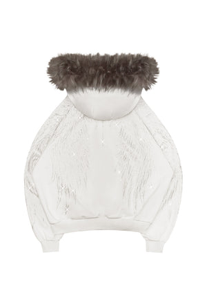 FALLEN FAUX FUR RHINESTONE ZIP HOODIE WHITE (DETACHABLE FUR)