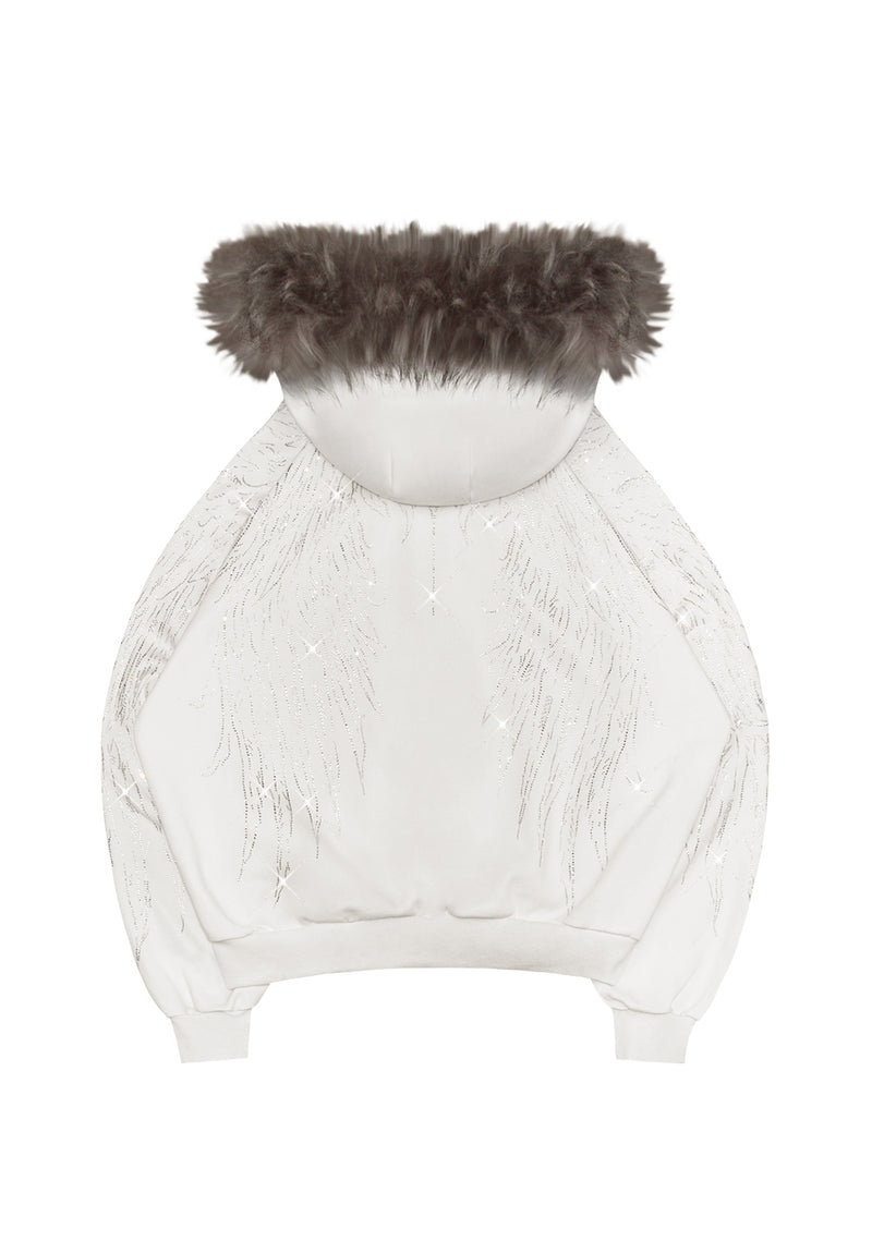 FALLEN FAUX FUR RHINESTONE ZIP HOODIE WHITE (DETACHABLE FUR)