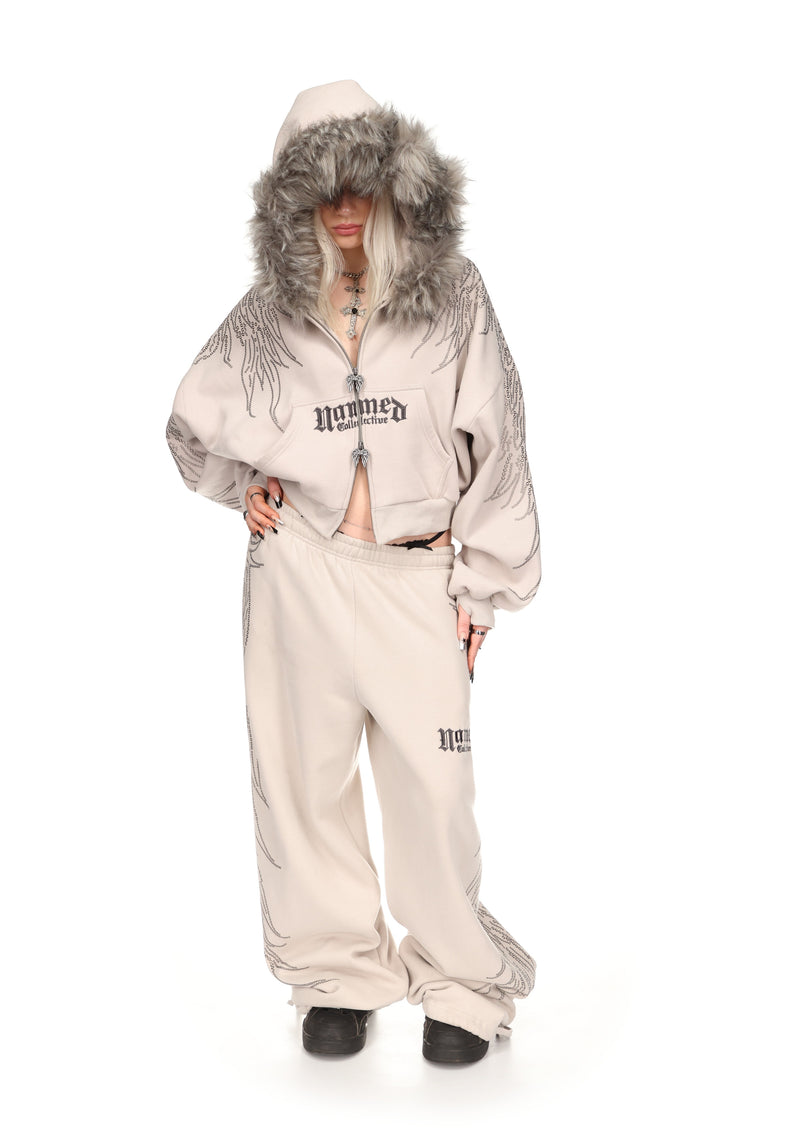 FALLEN FAUX FUR STUDDED CROP ZIP HOODIE BONE (DETACHABLE FUR)