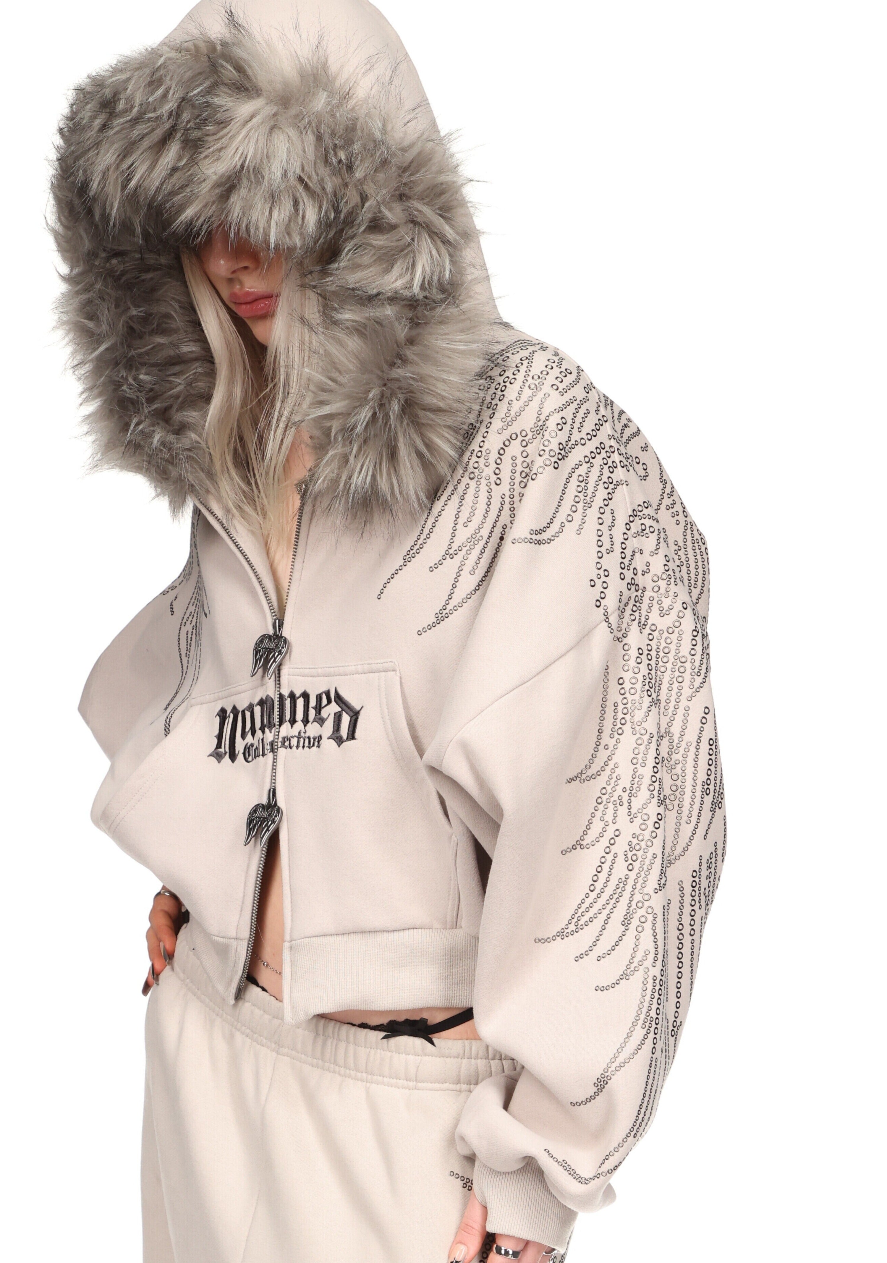 Fallen Faux Fur Studded Crop Zip Hoodie Bone Detachable Fur