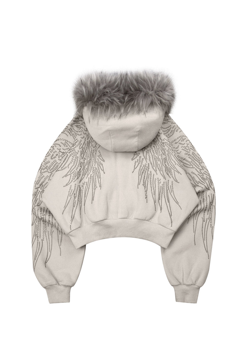 FALLEN FAUX FUR STUDDED CROP ZIP HOODIE BONE (DETACHABLE FUR)