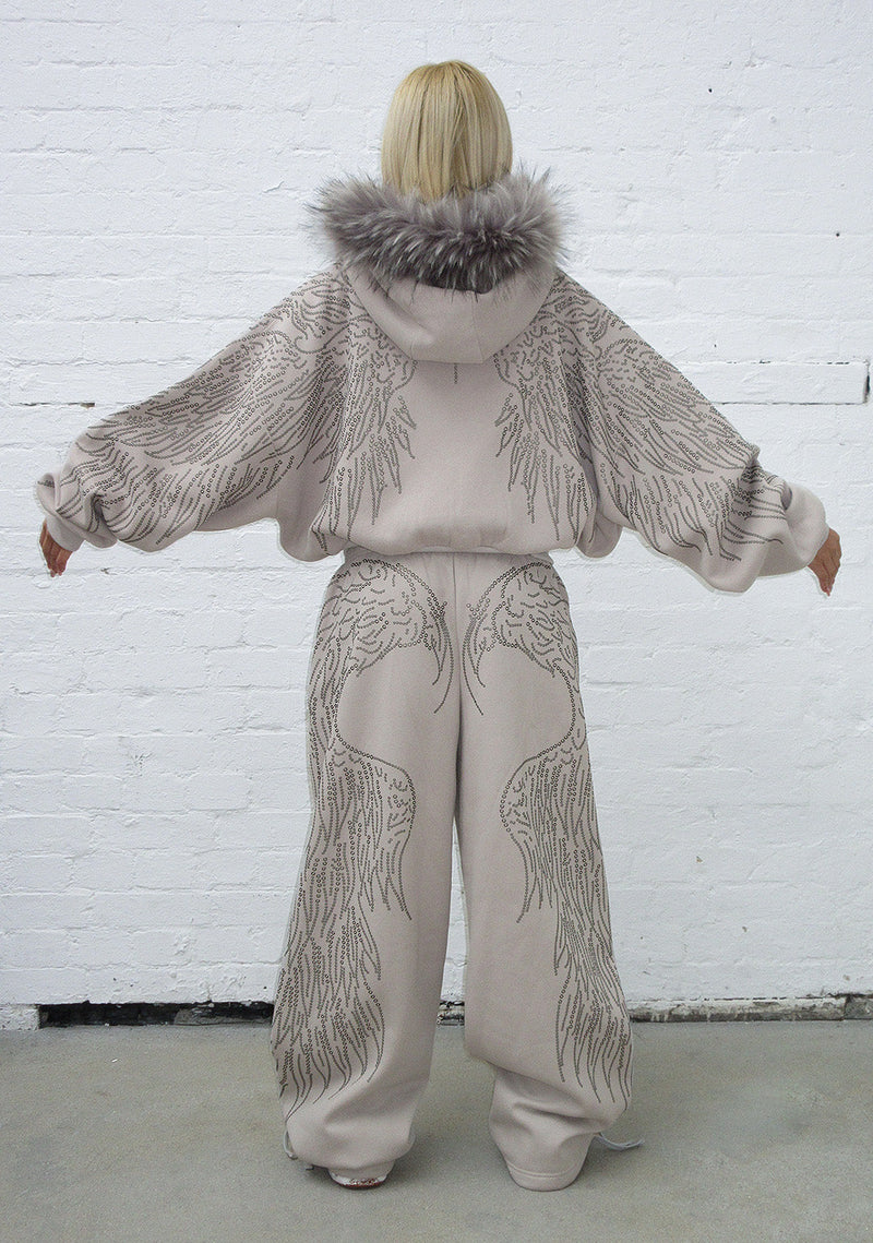 FALLEN FAUX FUR STUDDED CROP ZIP HOODIE BONE (DETACHABLE FUR)