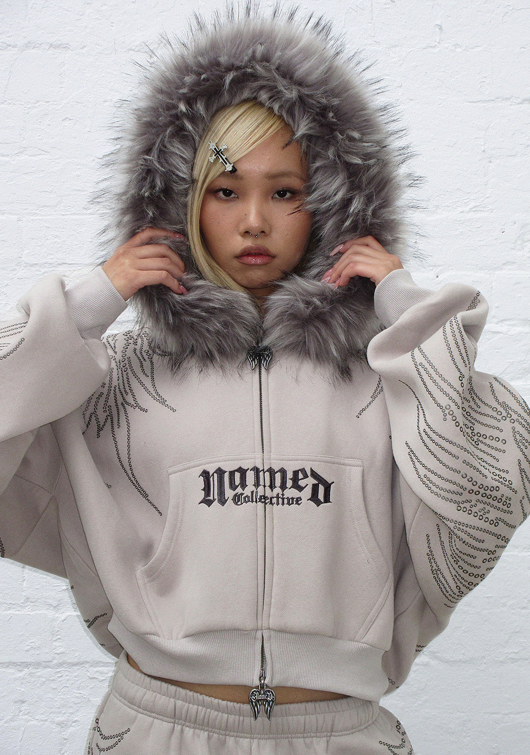 FALLEN FAUX FUR STUDDED CROP ZIP HOODIE BONE (DETACHABLE FUR)