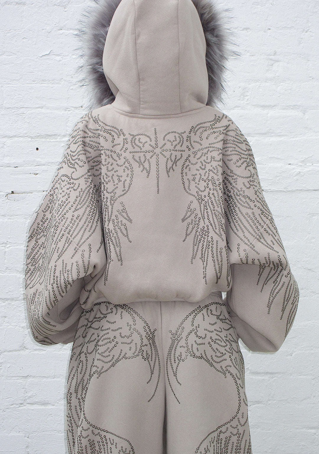 FALLEN FAUX FUR STUDDED CROP ZIP HOODIE BONE (DETACHABLE FUR)