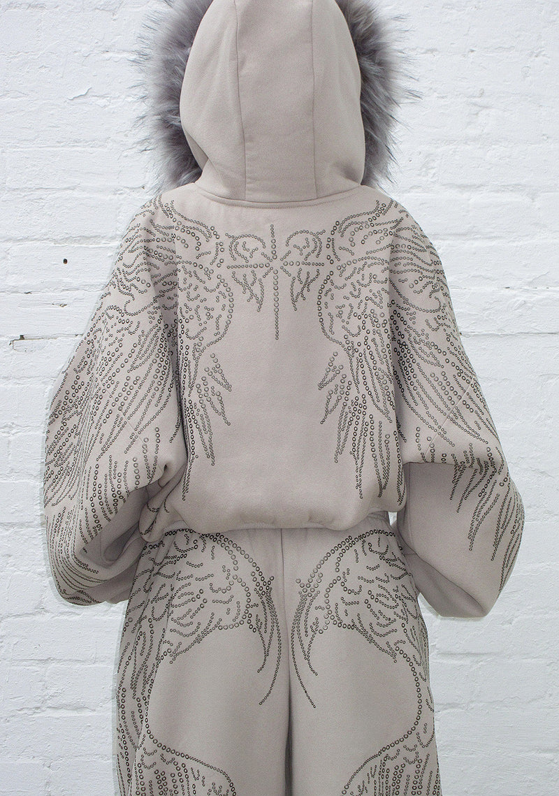 FALLEN FAUX FUR STUDDED CROP ZIP HOODIE BONE (DETACHABLE FUR)