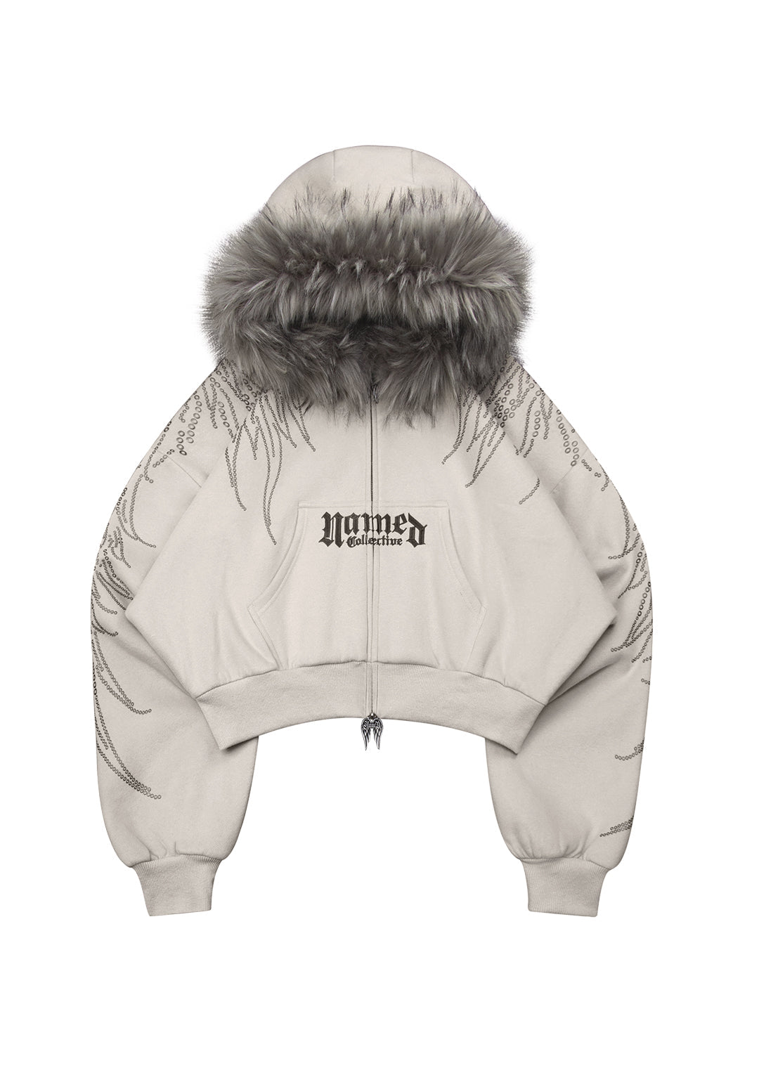 FALLEN FAUX FUR STUDDED CROP ZIP HOODIE BONE (DETACHABLE FUR)