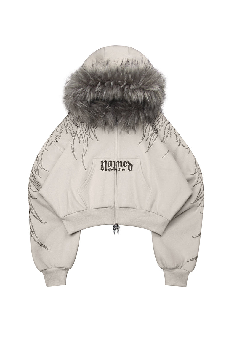 FALLEN FAUX FUR STUDDED CROP ZIP HOODIE BONE (DETACHABLE FUR)