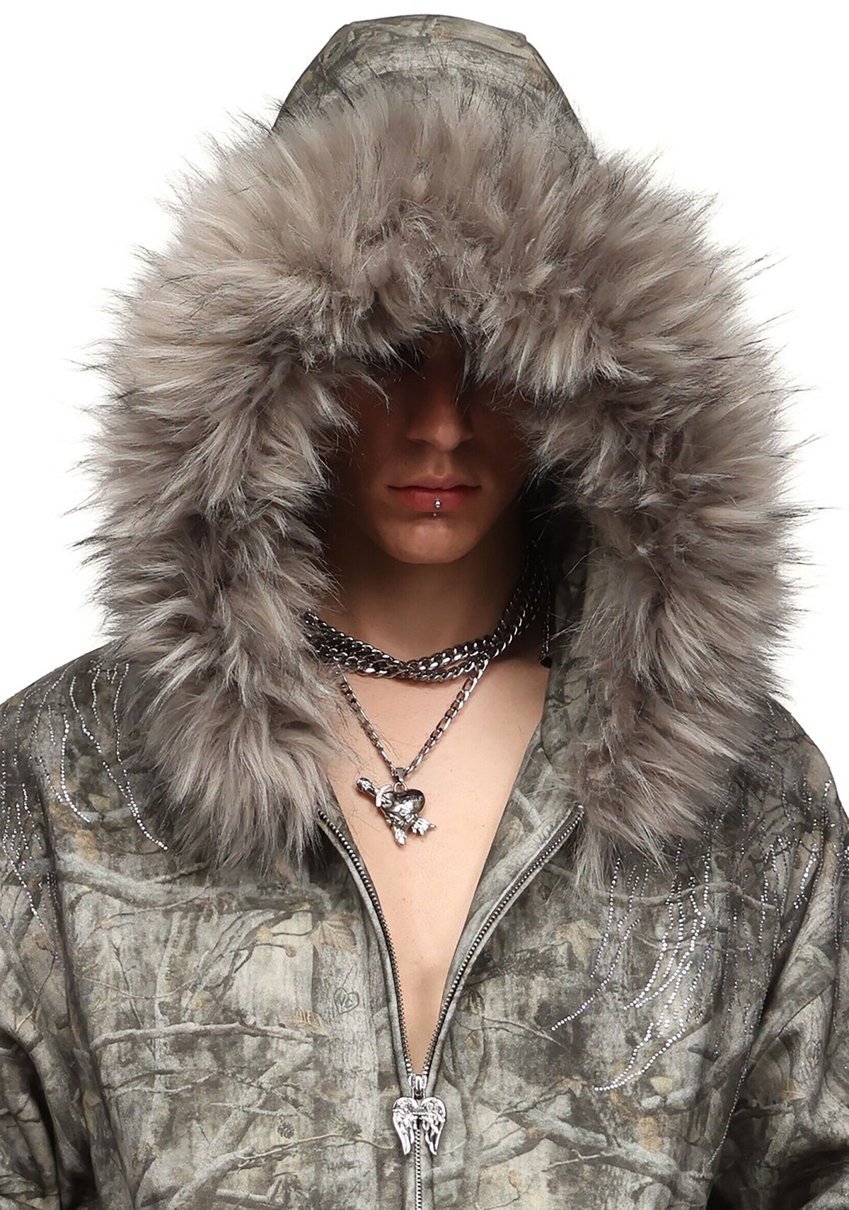 FALLEN FAUX FUR ZIP HOODIE TREE CAMO (DETACHABLE FUR)