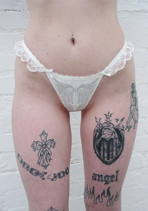 FALLEN RHINESTONE LACE RUFFLE THONG WHITE