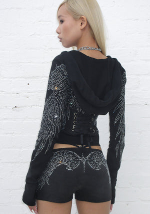 FALLEN RHINESTONE MICRO HOTPANT SHORTS WASHED BLACK
