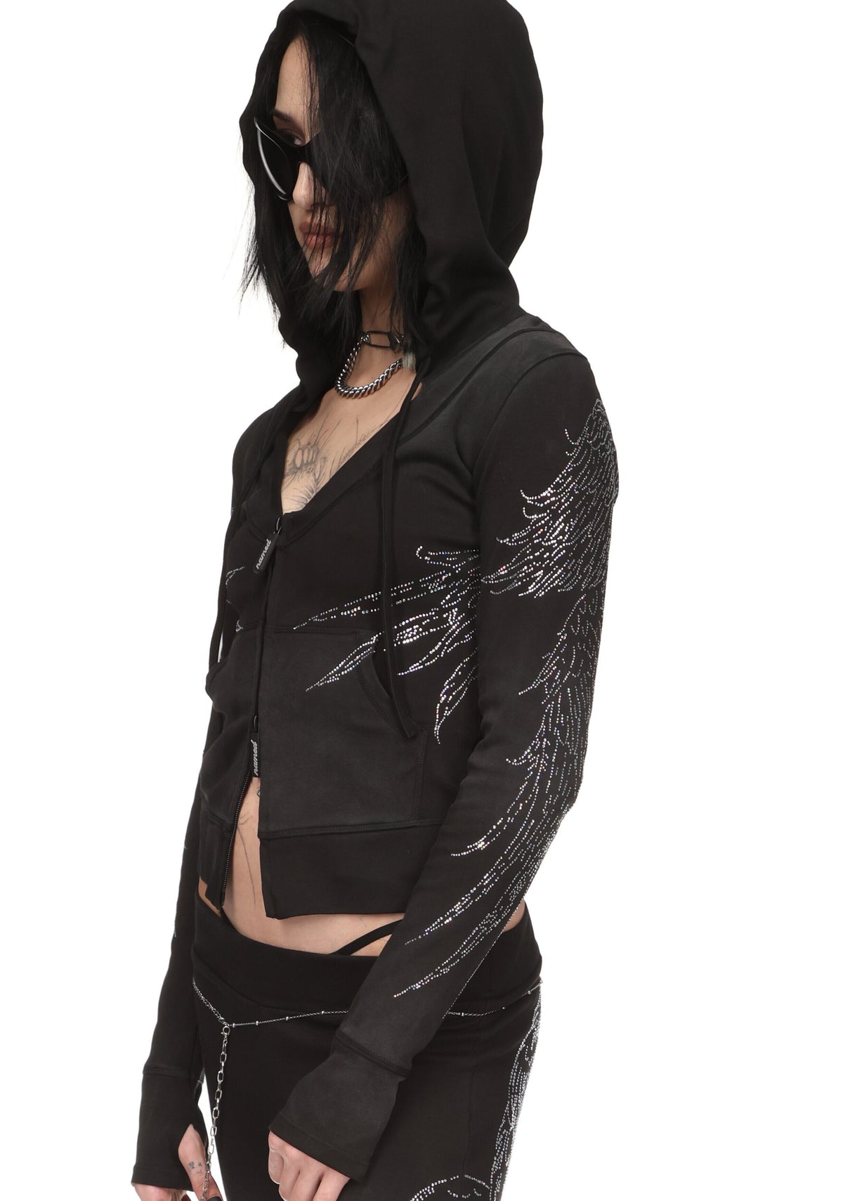 FALLEN RHINESTONE SCULPT STRETCH HOODIE WASHED BLACK