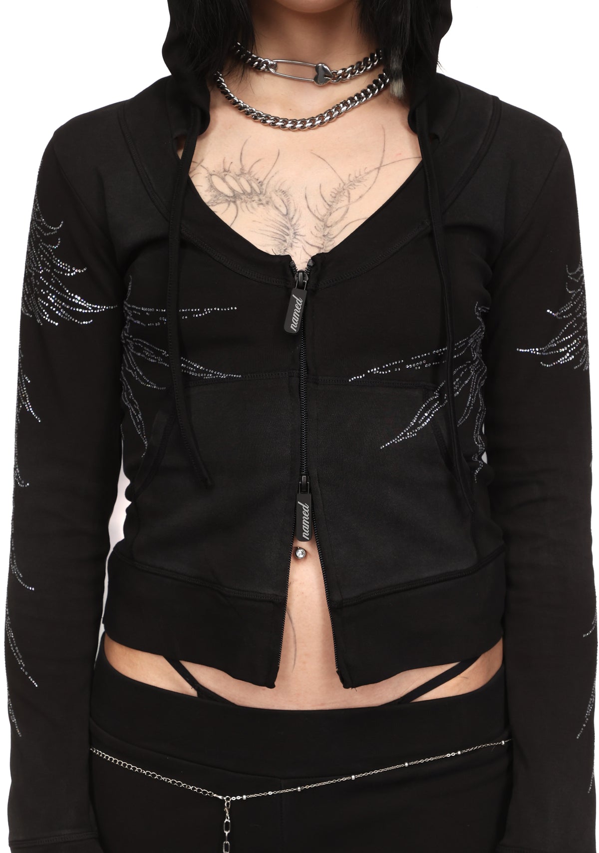 FALLEN RHINESTONE SCULPT STRETCH HOODIE WASHED BLACK