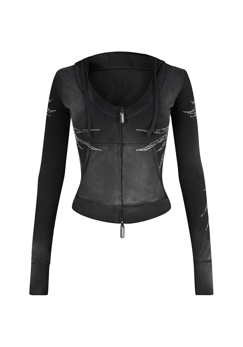 FALLEN RHINESTONE SCULPT STRETCH HOODIE WASHED BLACK