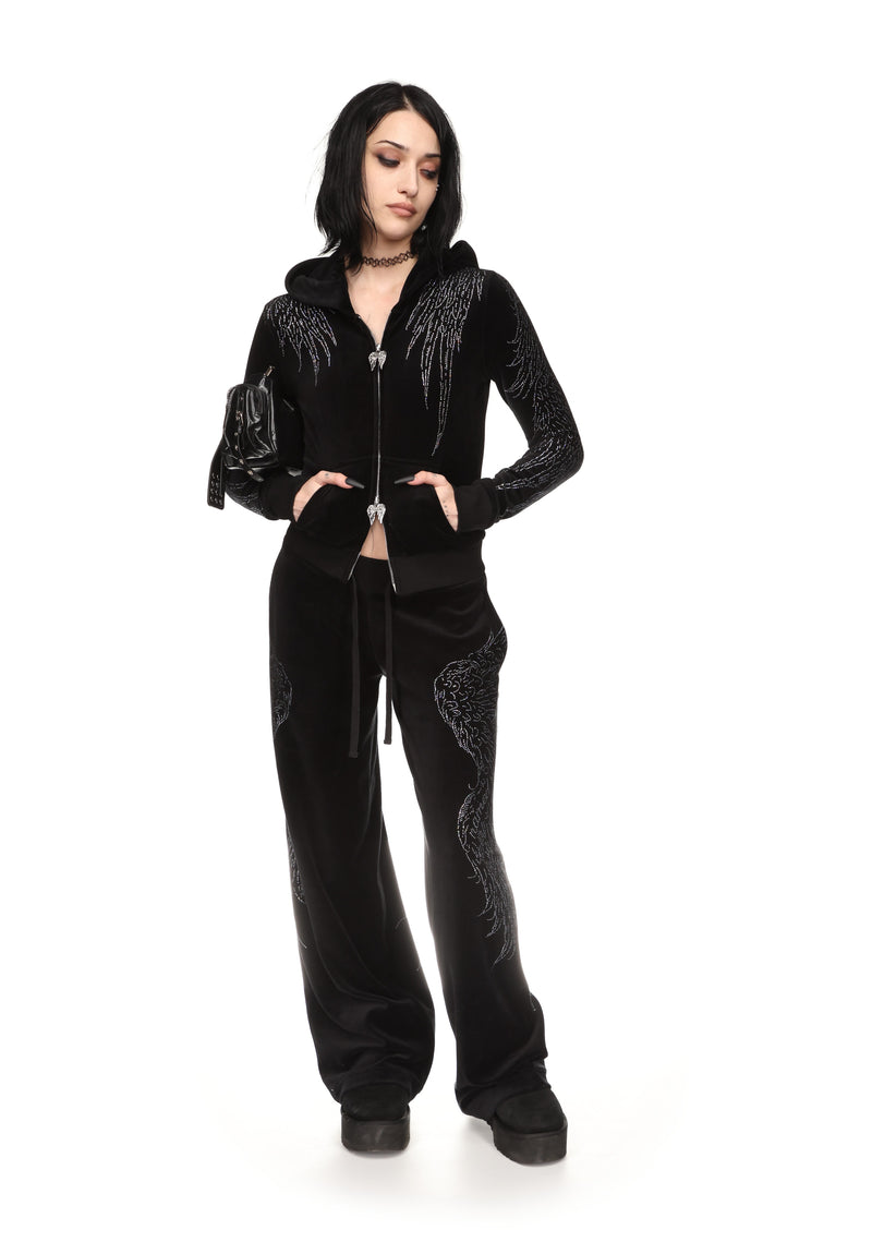 FALLEN RHINESTONE VELOUR SWEATPANTS BLACK