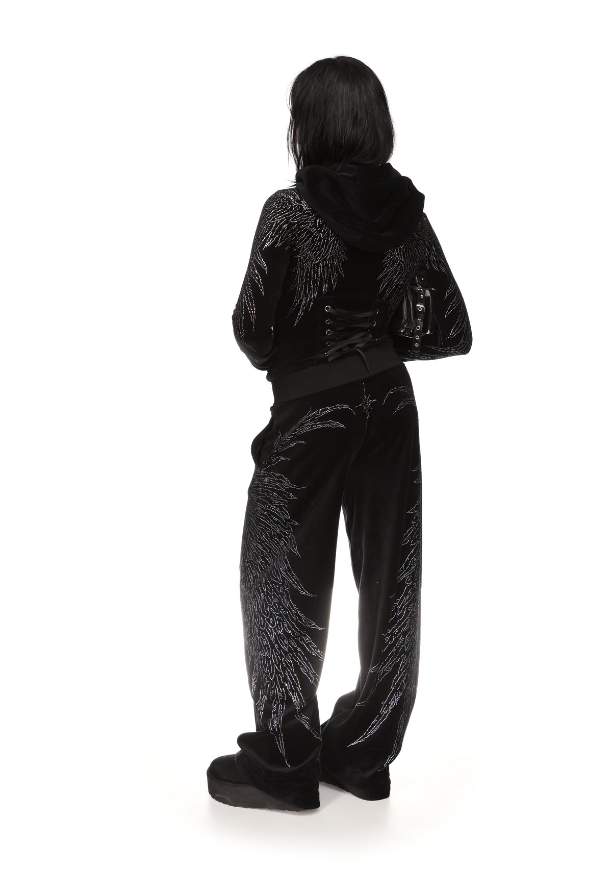 FALLEN RHINESTONE VELOUR SWEATPANTS BLACK