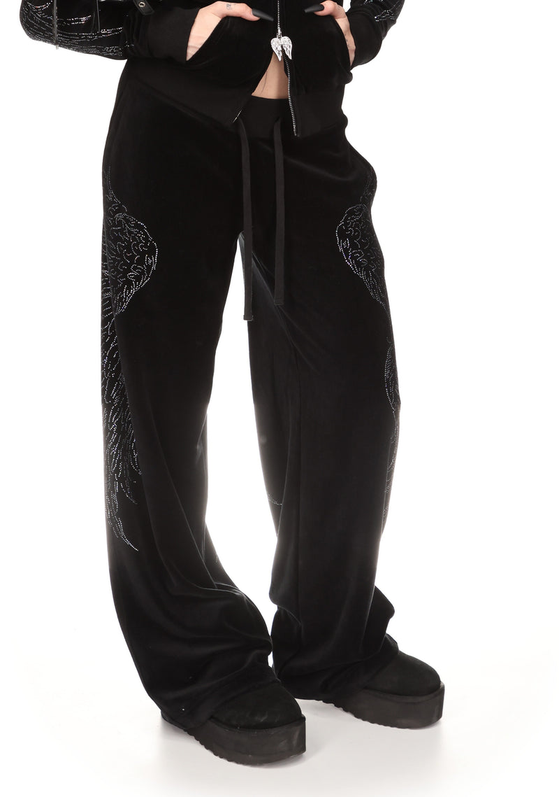 FALLEN RHINESTONE VELOUR SWEATPANTS BLACK