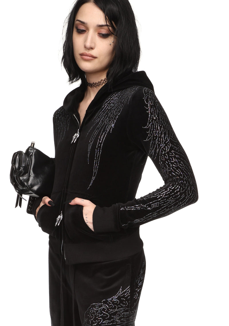 FALLEN RHINESTONE VELOUR ZIP HOODIE BLACK