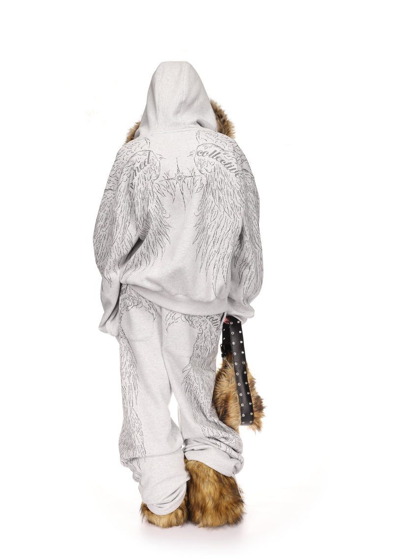 FALLEN STUDDED FAUX FUR ZIP HOODIE GREY MARL (DETACHABLE FUR)
