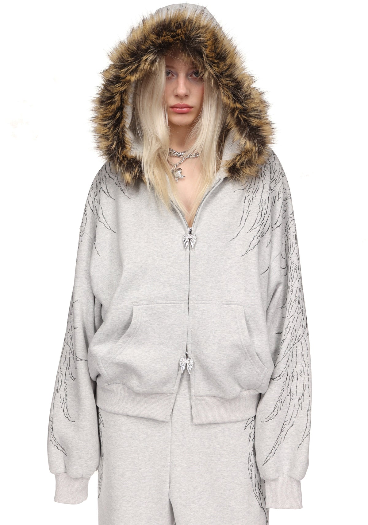 FALLEN STUDDED FAUX FUR ZIP HOODIE GREY MARL (DETACHABLE FUR)