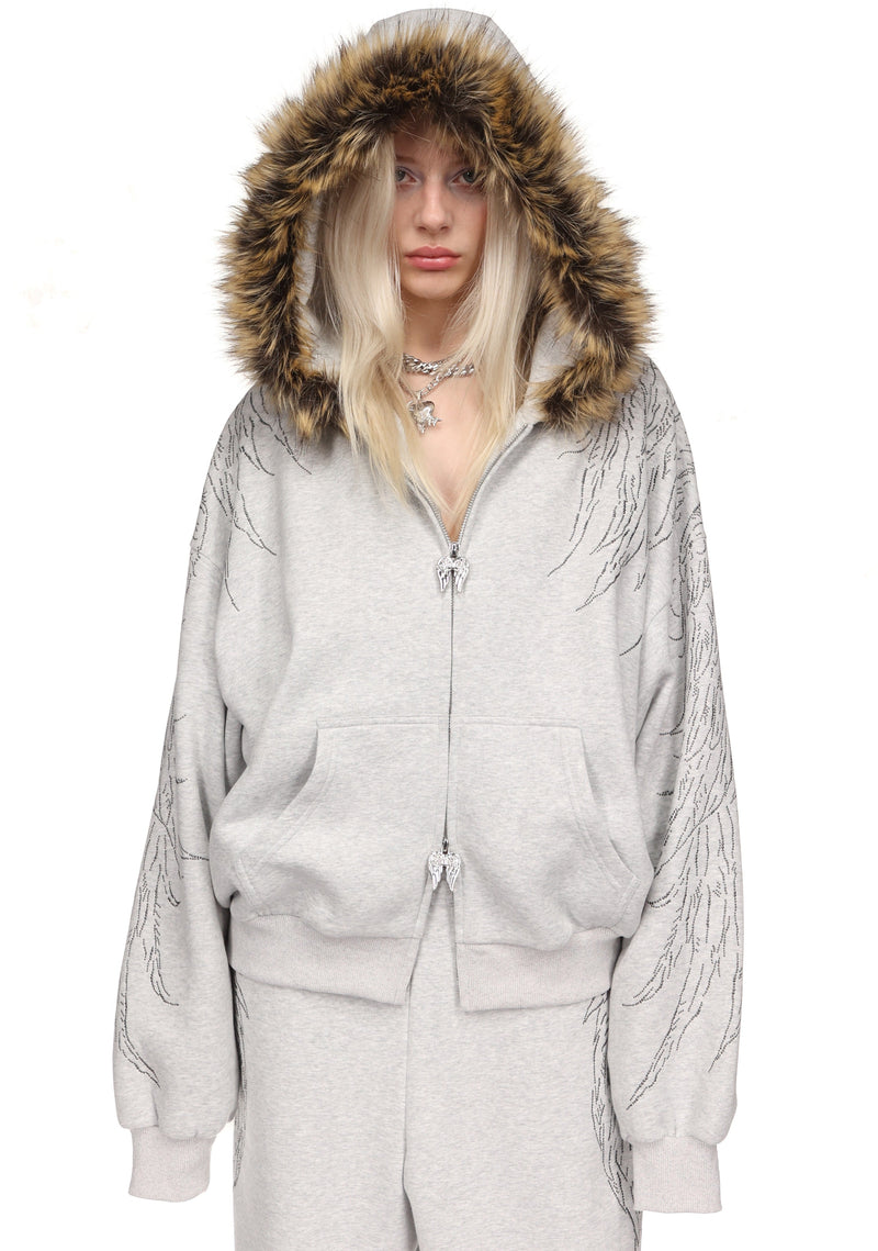 FALLEN STUDDED FAUX FUR ZIP HOODIE GREY MARL (DETACHABLE FUR)