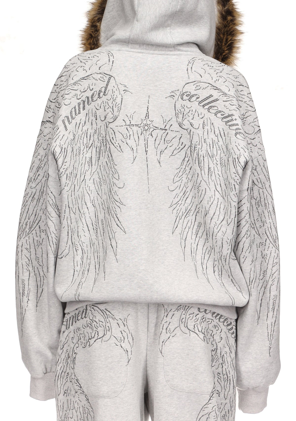 FALLEN STUDDED FAUX FUR ZIP HOODIE GREY MARL (DETACHABLE FUR)