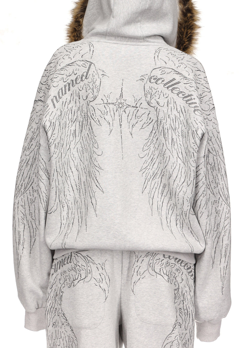 FALLEN STUDDED FAUX FUR ZIP HOODIE GREY MARL (DETACHABLE FUR)