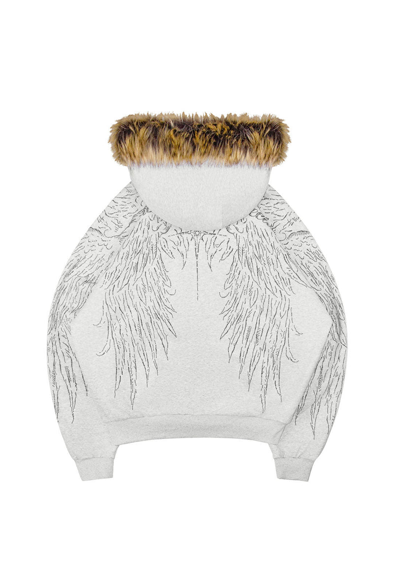 FALLEN STUDDED FAUX FUR ZIP HOODIE GREY MARL (DETACHABLE FUR)