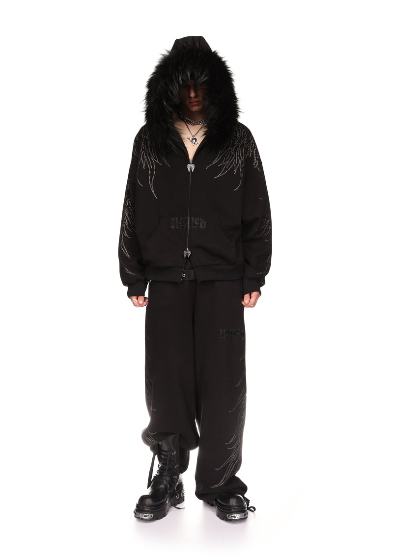 FALLEN STUDDED FAUX FUR ZIP HOODIE BLACK (DETACHABLE FUR)
