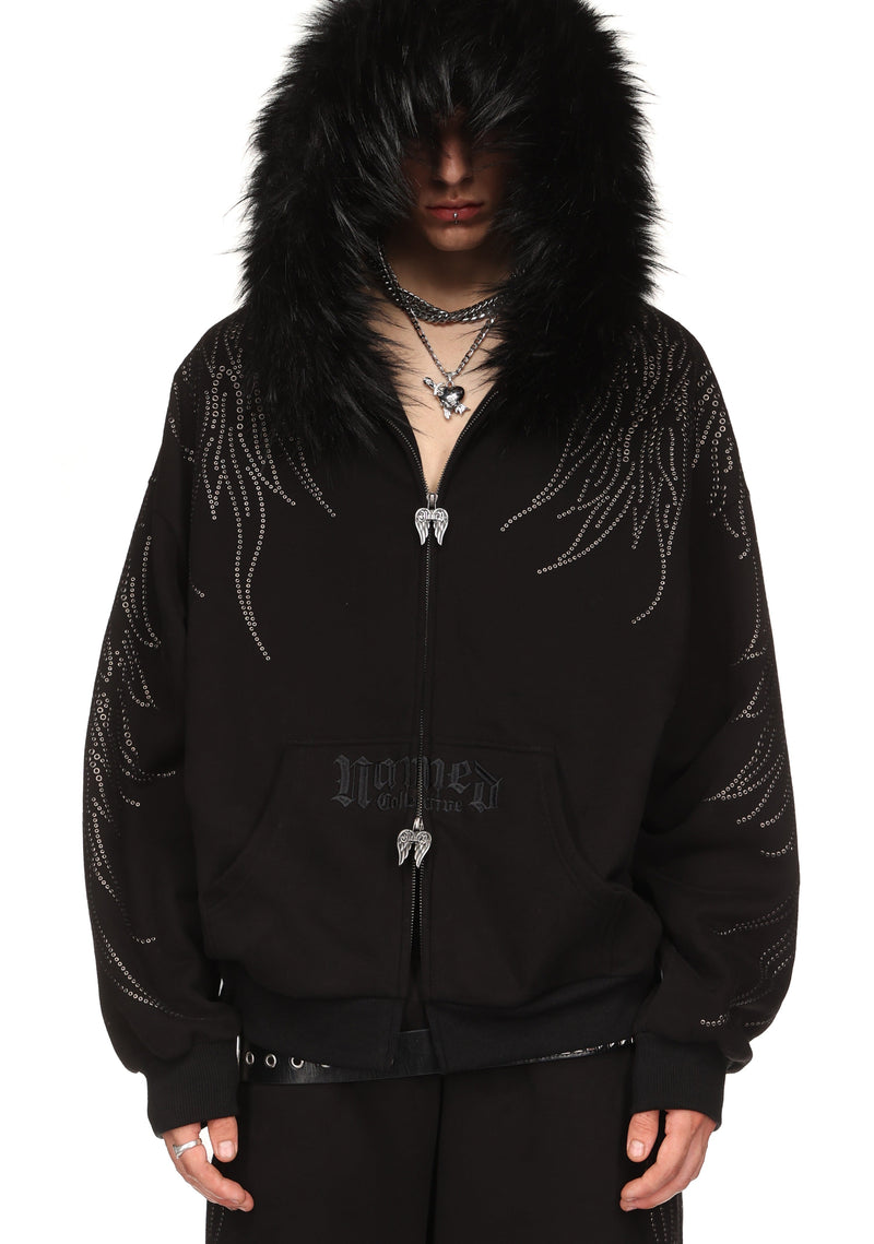 FALLEN STUDDED FAUX FUR ZIP HOODIE BLACK (DETACHABLE FUR)