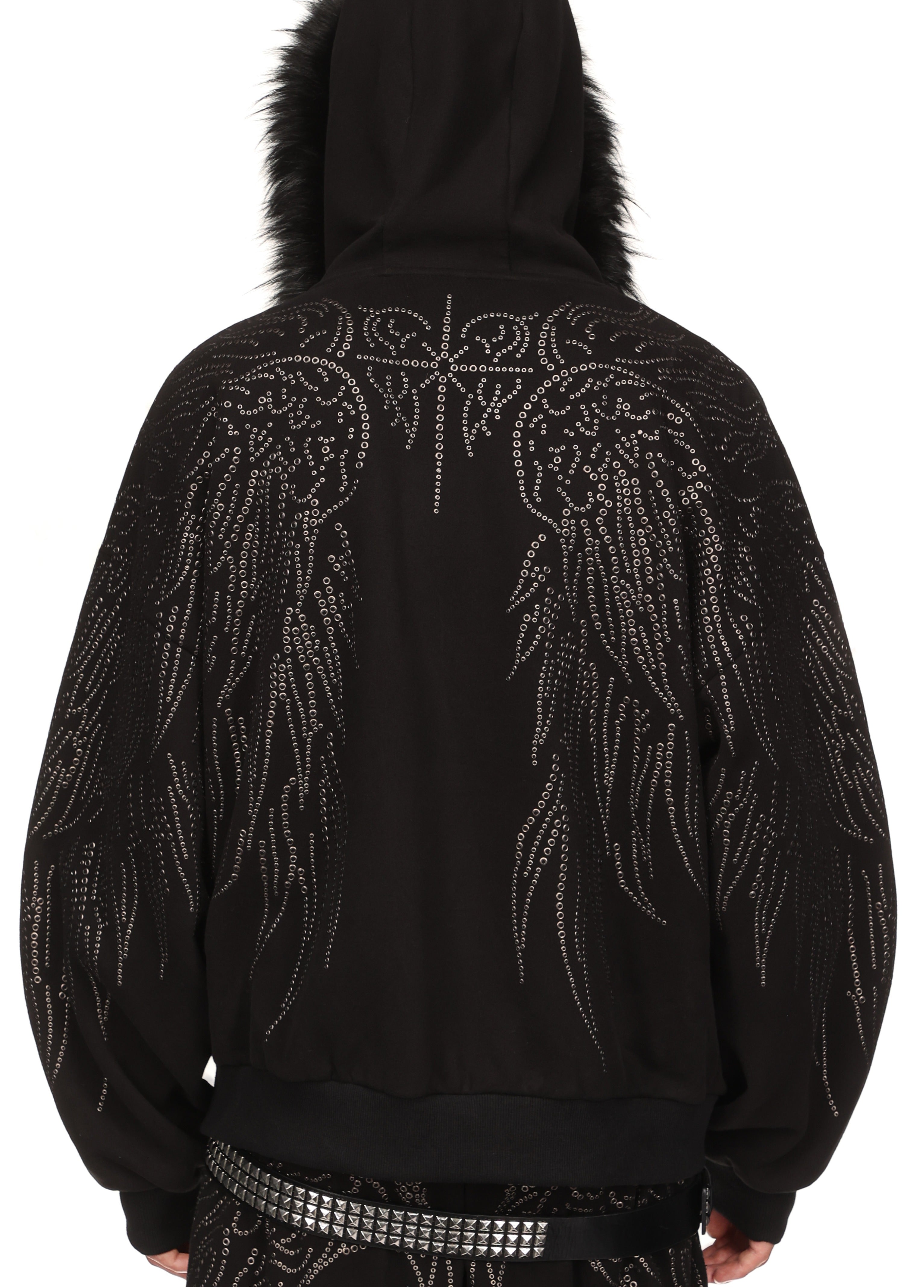 FALLEN STUDDED FAUX FUR ZIP HOODIE BLACK (DETACHABLE FUR) – NAMED