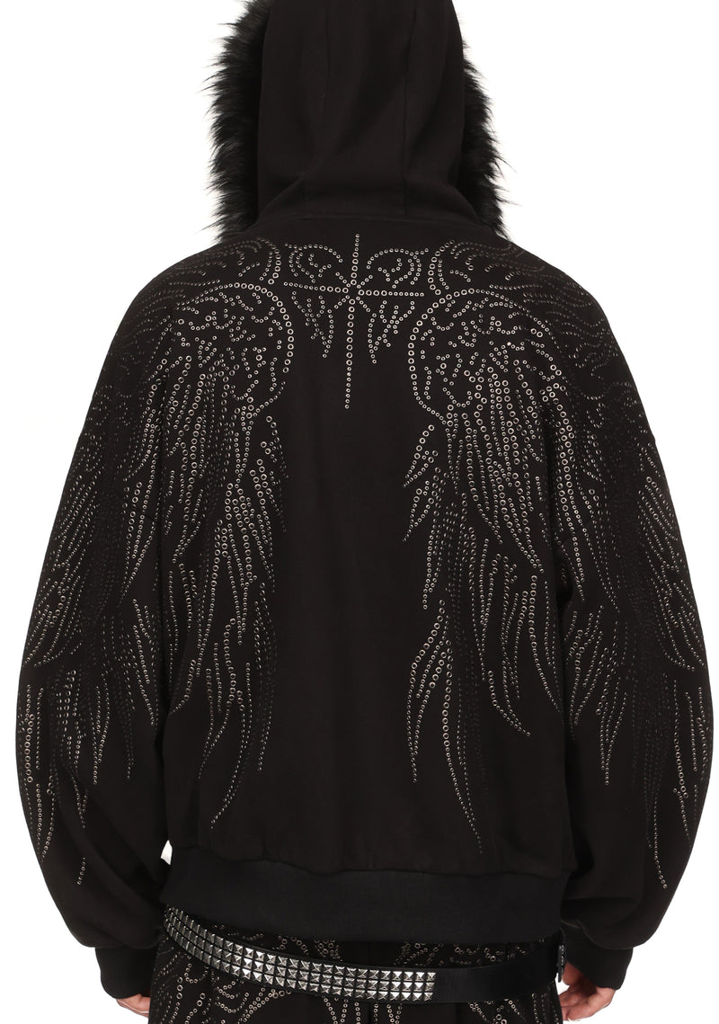 FALLEN STUDDED FAUX FUR ZIP HOODIE BLACK (DETACHABLE FUR)
