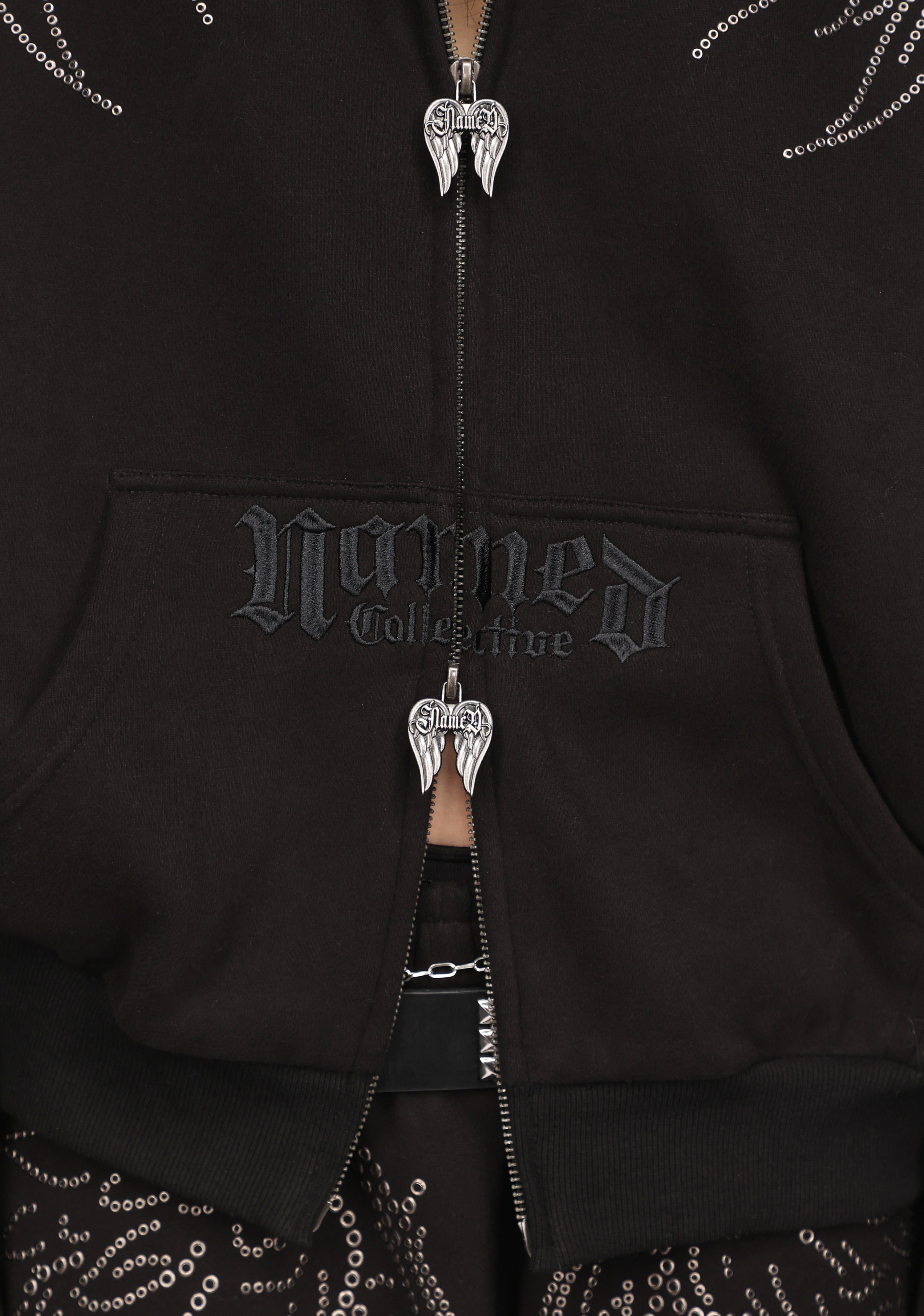 FALLEN STUDDED FAUX FUR ZIP HOODIE BLACK (DETACHABLE FUR) – NAMED