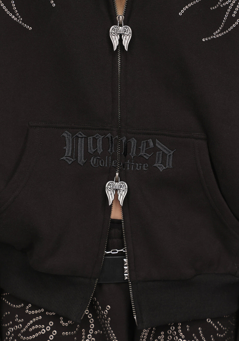 FALLEN STUDDED FAUX FUR ZIP HOODIE BLACK (DETACHABLE FUR)