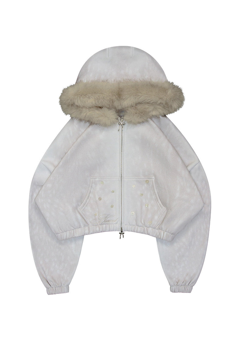 FAWN FAUX FUR CROP ZIP HOODIE OFF WHITE (DETACHABLE FUR)