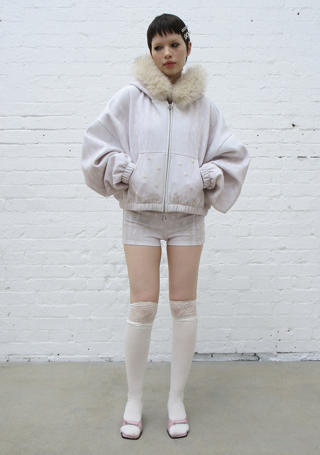 Fawn Faux Fur Crop Zip Hoodie Off White Detachable Fur – NAMED