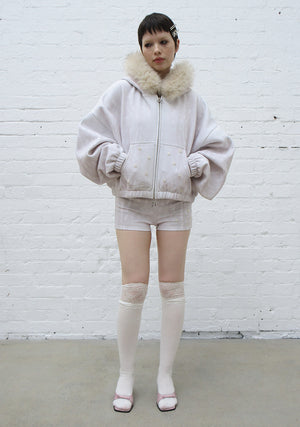 FAWN FAUX FUR CROP ZIP HOODIE OFF WHITE (DETACHABLE FUR)