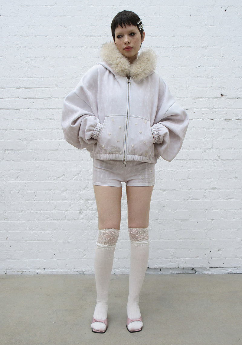 FAWN FAUX FUR CROP ZIP HOODIE OFF WHITE (DETACHABLE FUR)