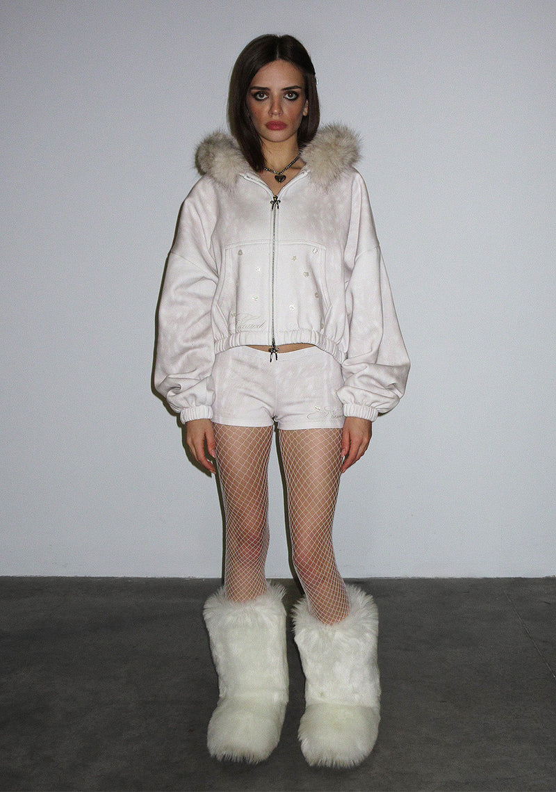 FAWN FAUX FUR CROP ZIP HOODIE OFF WHITE (DETACHABLE FUR)