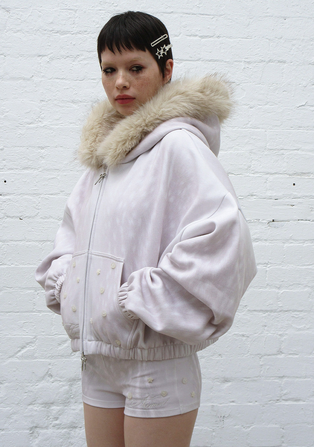 Fawn Faux Fur Crop Zip Hoodie Off White Detachable Fur – NAMED