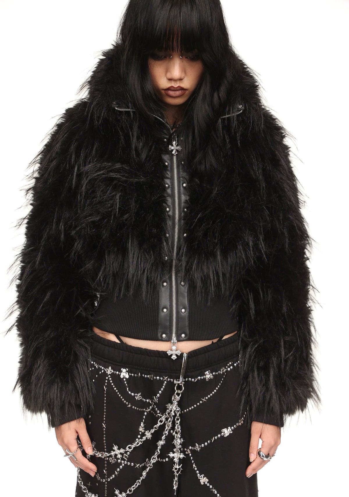 FORTUNE FAUX FUR LACE-UP FITTED JACKET BLACK