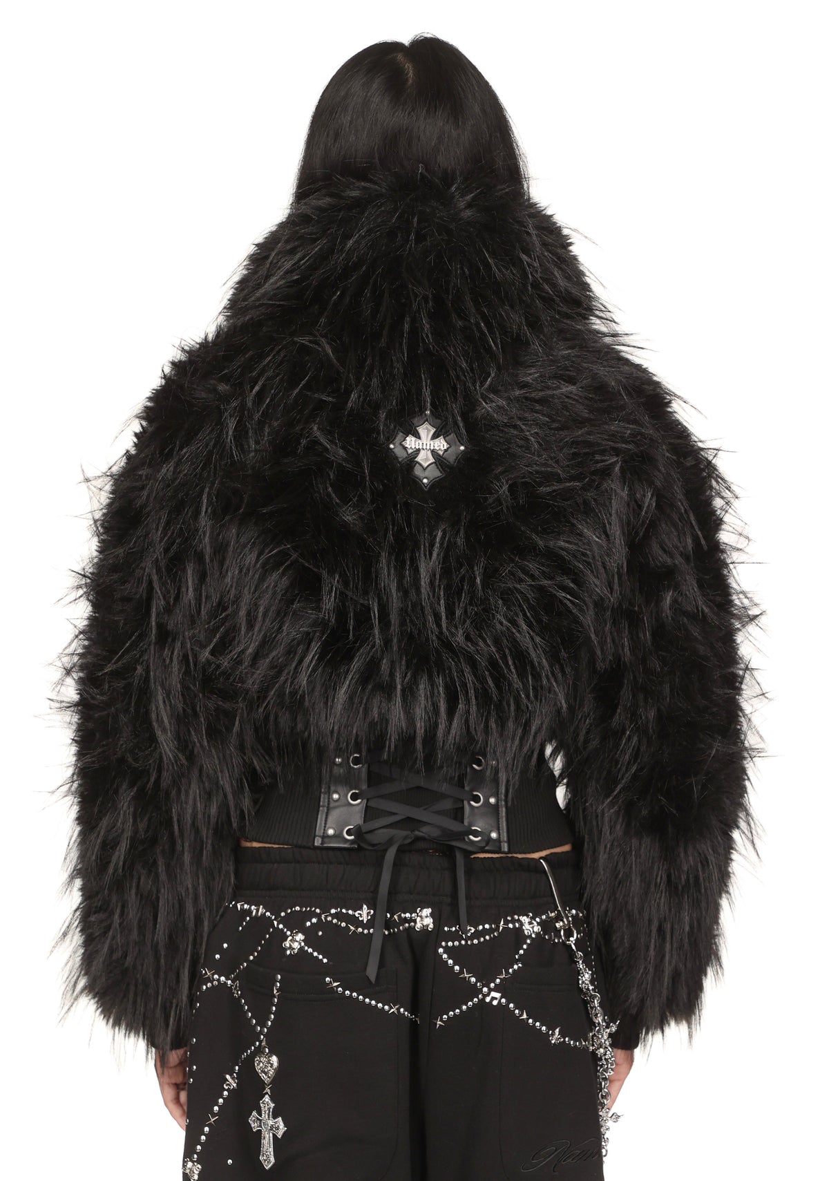 FORTUNE FAUX FUR LACE-UP FITTED JACKET BLACK
