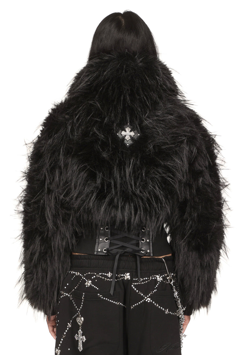 FORTUNE FAUX FUR LACE-UP FITTED JACKET BLACK