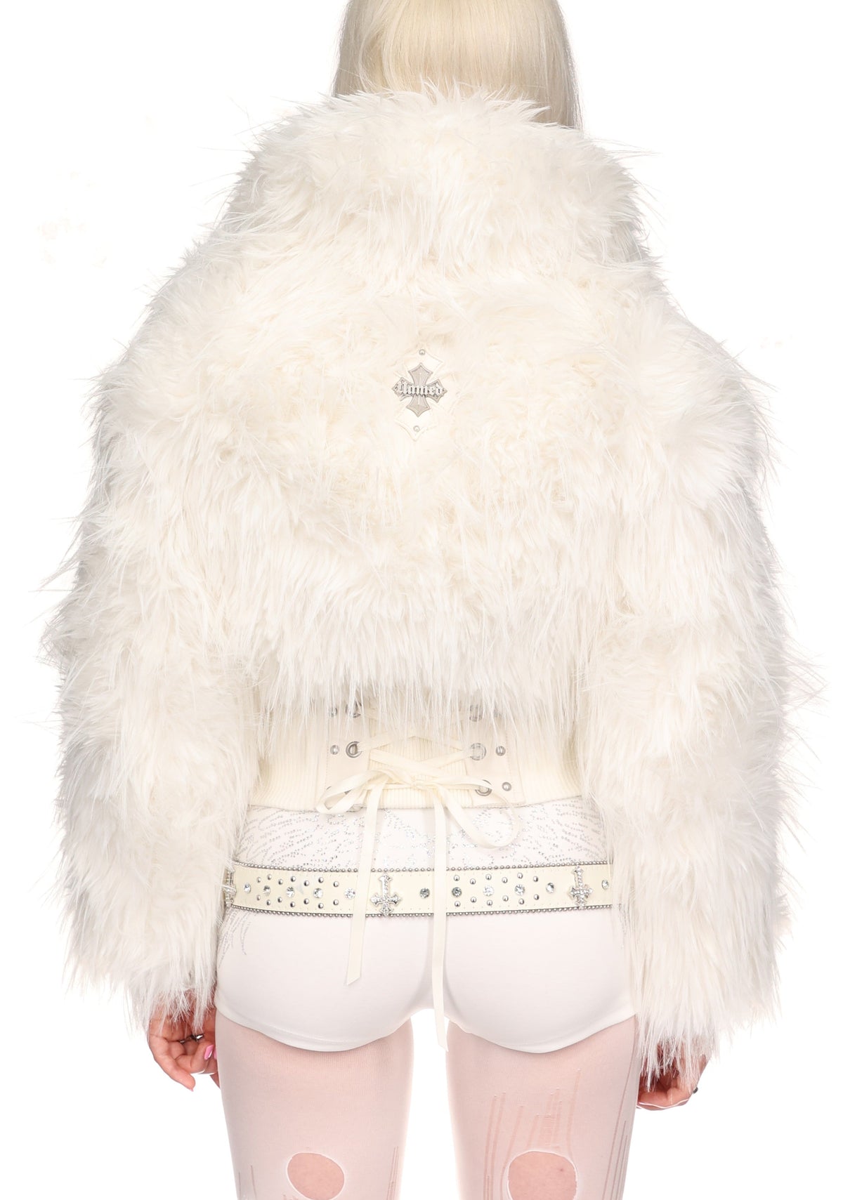 FORTUNE FAUX FUR LACE-UP FITTED JACKET WHITE