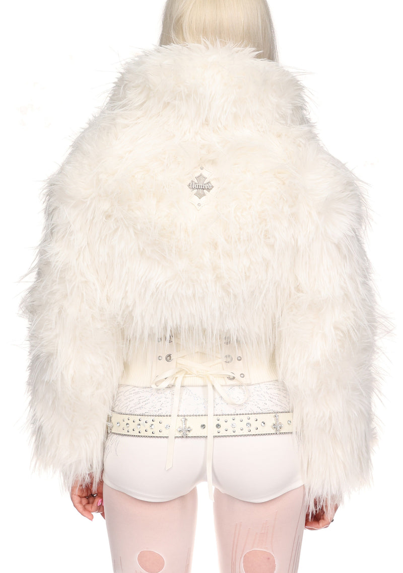 FORTUNE FAUX FUR LACE-UP FITTED JACKET WHITE