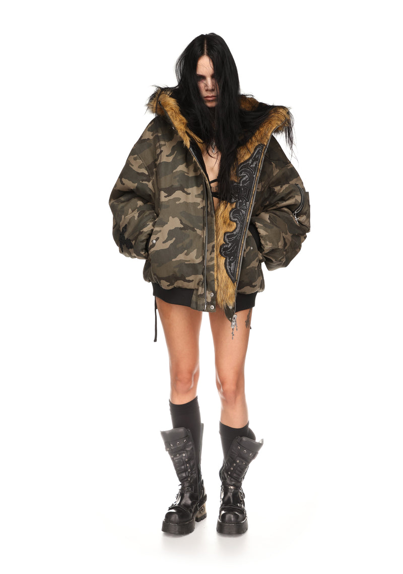 FERAL FAUX FUR REVERSIBLE BOMBER JACKET CAMO AND NATURAL
