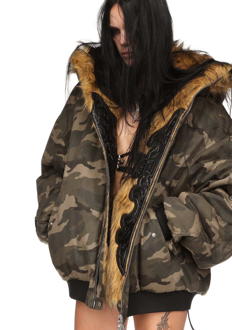 FERAL FAUX FUR REVERSIBLE BOMBER JACKET CAMO AND NATURAL