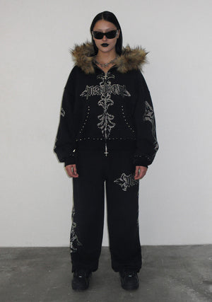 FERAL FAUX FUR STUDDED ZIP HOODIE BLACK (DETACHABLE FUR)