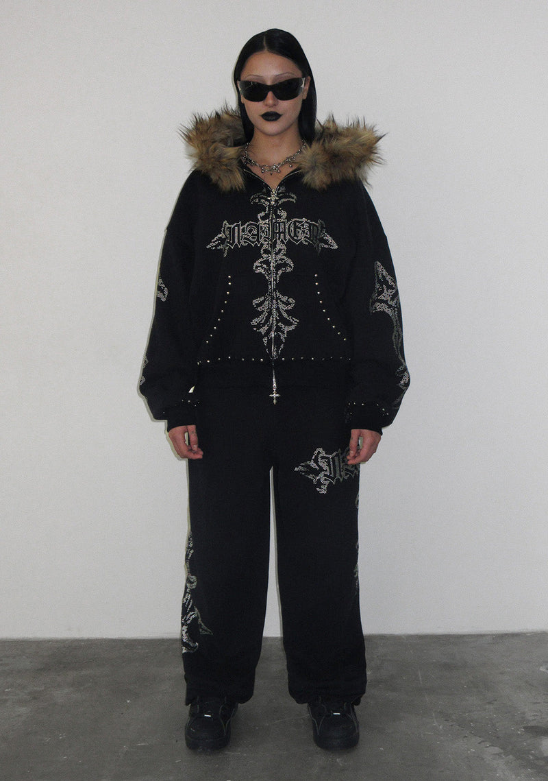 FERAL FAUX FUR STUDDED ZIP HOODIE BLACK (DETACHABLE FUR)